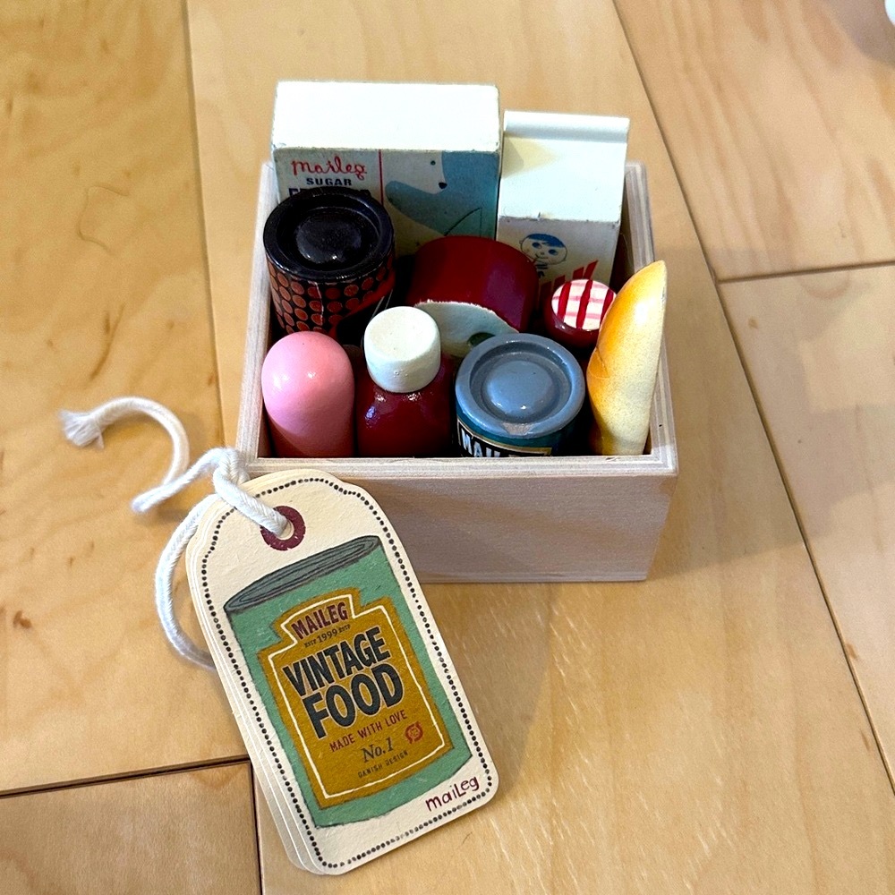 Maileg Vintage Wooden Food Grocery Set - Red, Pink, and Blue